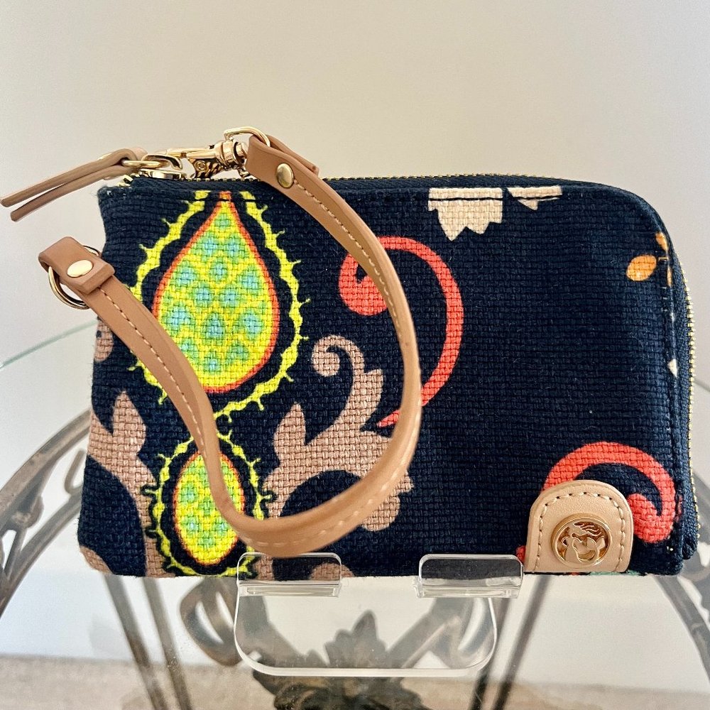 Spartina 449 Daufuskie Island Zippy ID Wristlet - Navy Floral Linen, Tan Leather